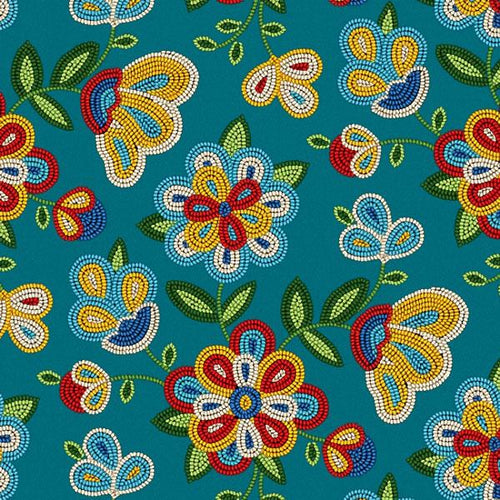 Beaded Floral 449 - Turquoise 100% Cotton Designer
