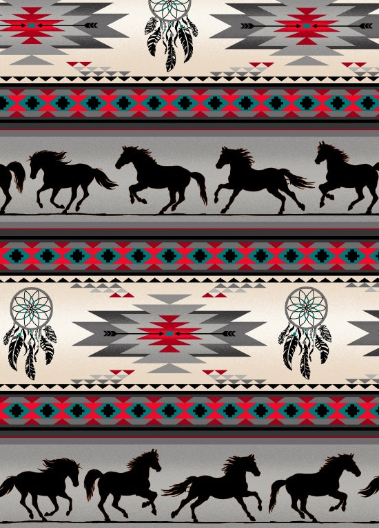 Horse Dreamcatcher Stripe 497 - Gray 100% Cotton Designer