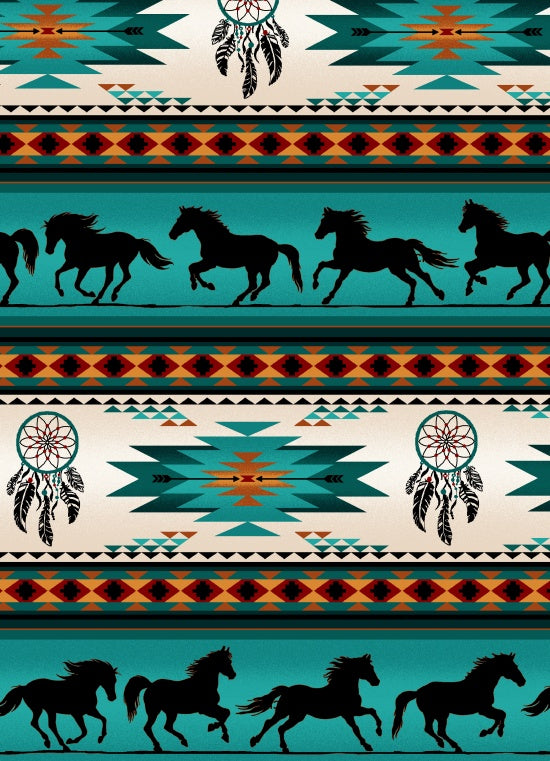 Horse Dreamcatcher Stripe 497 - Turquoise 100% Cotton Designer