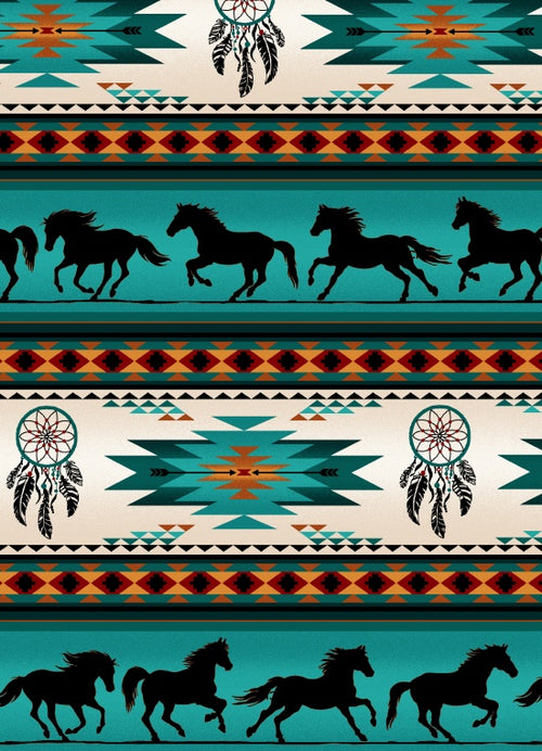Horse Dreamcatcher Stripe 497 - Turquoise 100% Cotton Designer