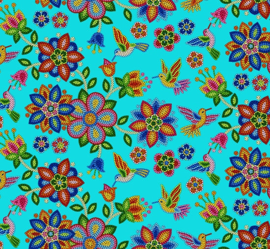Beaded Hummingbird 640 - Turquoise 100% Cotton Designer