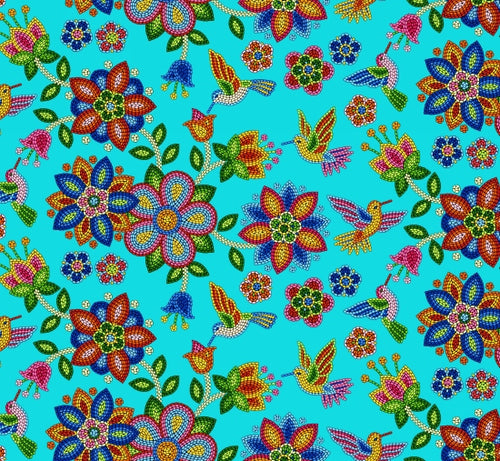 Beaded Hummingbird 640 - Turquoise 100% Cotton Designer