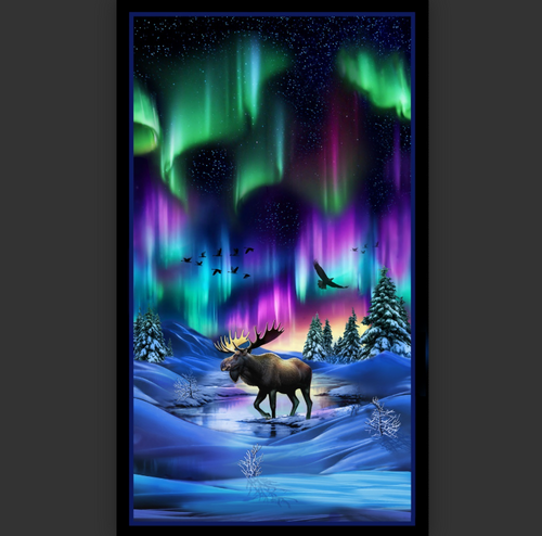 Faune et aurores boréales ''Panel'' 734 - Noir Tissu 100% coton designer - 24po