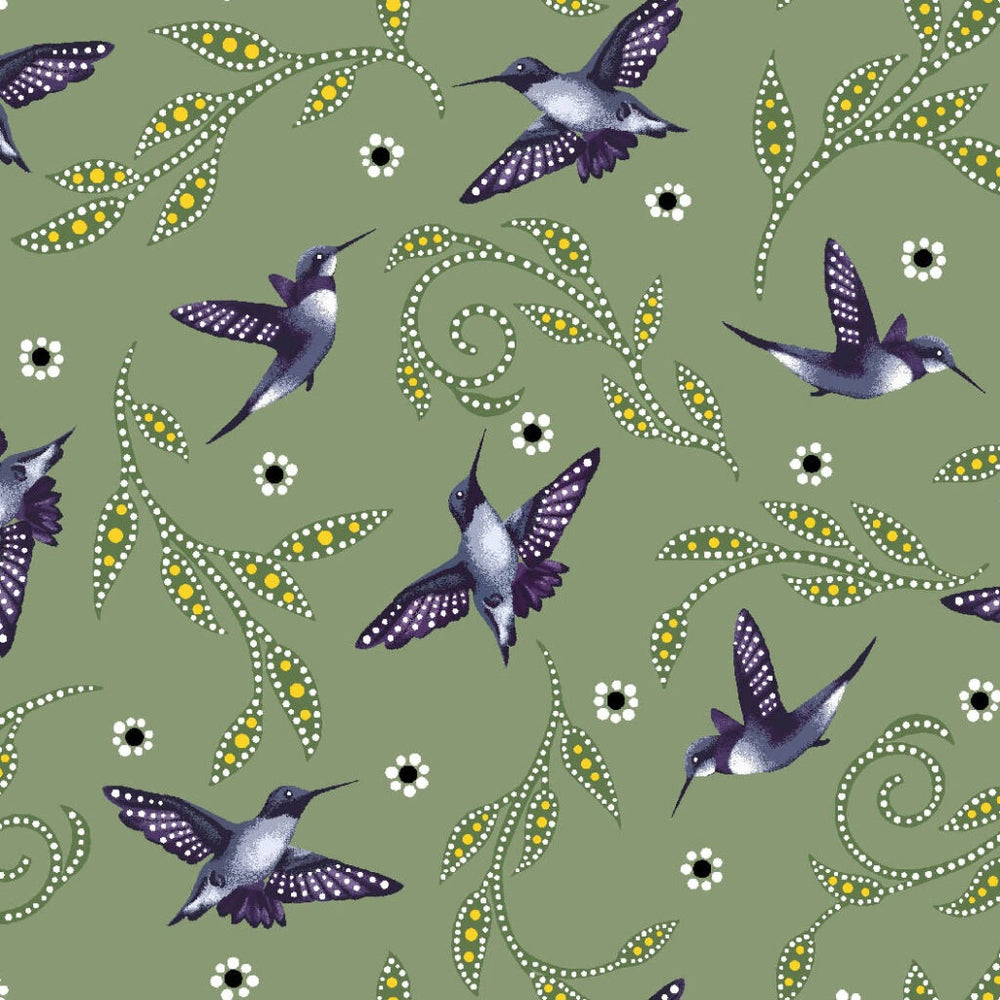 Hummingbirds BA0007 - Sage 100% Cotton Designer
