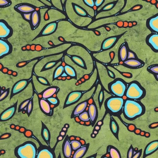 Ojibway Woodland Flowers JTOF03 - Green 100% Cotton Designer