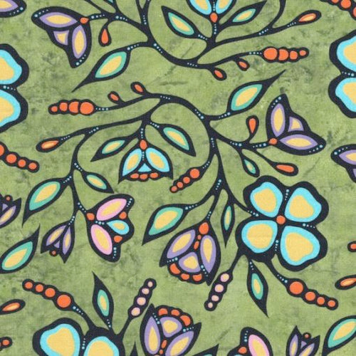Ojibway Woodland Flowers JTOF03 - Green 100% Cotton Designer