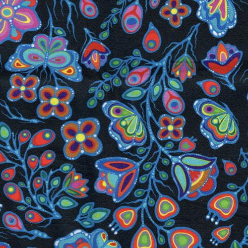Ojibway Florals and Butterflies JTOF05 - Black 100% Cotton Designer