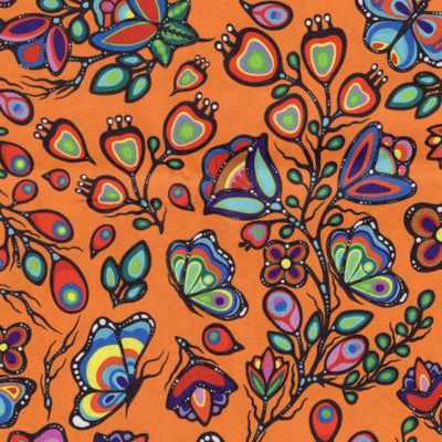 Ojibway Florals and Butterflies JTOF05 - Orange 100% Cotton Designer