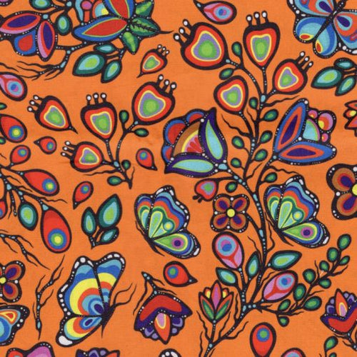 Ojibway Florals and Butterflies JTOF05 - Orange 100% Cotton Designer