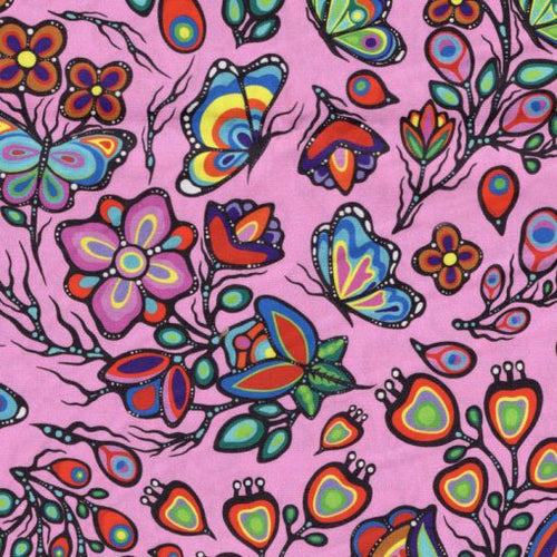 Fleurs Ojibway et papillons JTOF05 - Rose Tissu 100% cotton designer