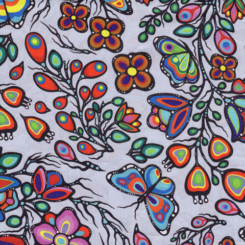 Fleurs Ojibway et papillons JTOF05 - Argent Tissu 100% cotton designer
