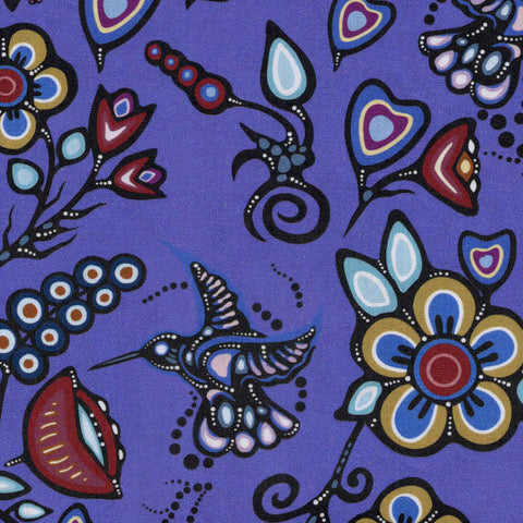 Fleurs Ojibway et colibris JTOF06 - Raisin Tissu 100% coton designer