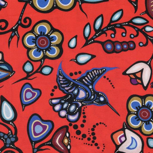 Fleurs Ojibway et colibris JTOF06 - Rouge Tissu 100% coton designer