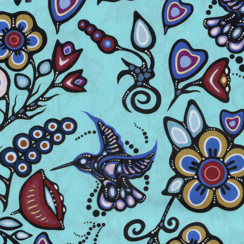 Ojibway Florals and Hummingbirds JTOF06 - Seafoam 100% Cotton Designer