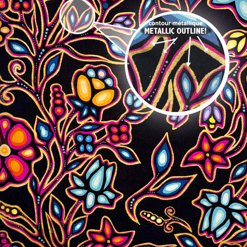 Fleurs Ojibway avec contour métallique JTOFM1 - Noir Tissu 100% coton designer