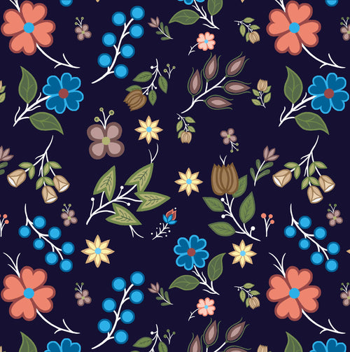 Fleurs et feuilles Ojibway SG0006 - Marine Tissu 100% coton designer