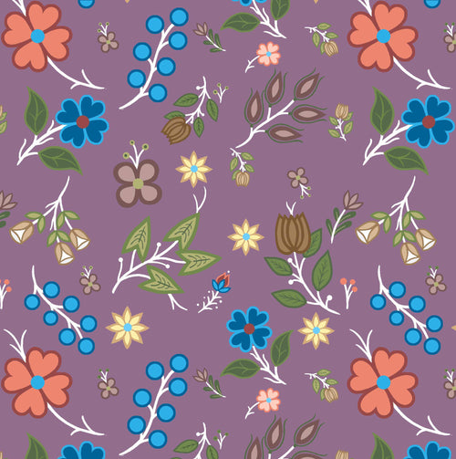 Ojibway Flowers and Leaves SG0006 - Purple 100% Cotton Designer
