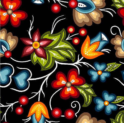 Ojibwe Florals SG0002 - Black 100% Cotton Designer