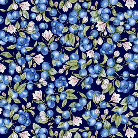 Blueberries and flowers 29401 - Navy 100% Cotton Designer