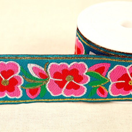 50mm - Jacquard ribbon flowers - 20 · Turquoise