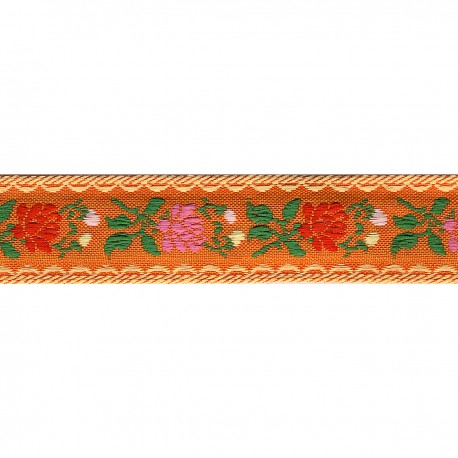 23mm - Woven ribbon jacquard flowers - 83 · Orange
