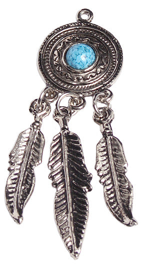 Pendant / 3 Feathers Turquoise Stone Antic Silver (62 mm)