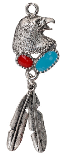 Eagle Head with Feathers Red/Turquoise Stones Silver