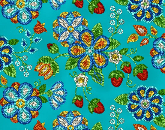 Beaded Strawberries  594 - Turquoise 100% Cotton Designer