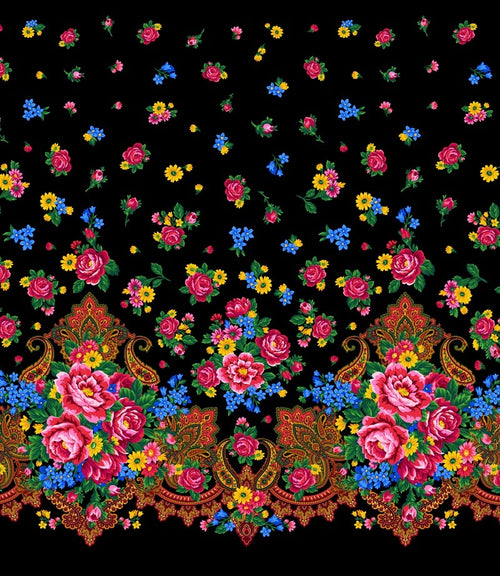 Kokum Scarf Single Border 732 - Black 100% Cotton Designer