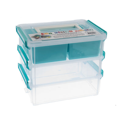 8x6x2,5 in • 3 clear stackable containers with turquoise divider