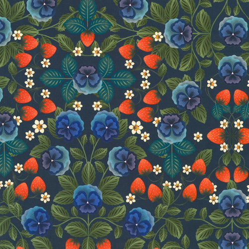 Strawberries and pansies 233359 - Navy 100% Cotton Designer