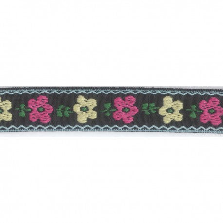 Flower Jacquard Woven Trim - Black/pink