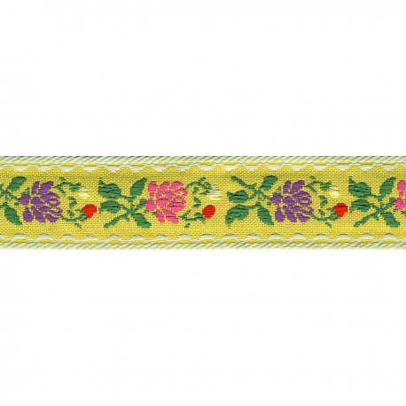 Ruban Tissé jacquard fleurs - Jaune paille