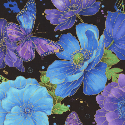 Metallic Florals and Butterflies CM4101 - Black 100% Cotton Designer